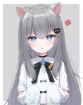  1girl absurdres anger_vein animal_ears blue_eyes cat_ears cat_girl dress grey_hair highres indie_virtual_youtuber long_hair long_sleeves looking_at_viewer nachoneko sleeves_past_fingers sleeves_past_wrists torinanvan v-shaped_eyebrows virtual_youtuber white_dress 