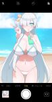  1girl akitokage anastasia_(fate) bangs bare_shoulders beach bikini blue_eyes blush breasts cellphone_picture cleavage collarbone cup disposable_cup drinking drinking_straw fate/grand_order fate_(series) hair_over_one_eye hairband highres large_breasts long_hair looking_at_viewer navel outdoors solo swimsuit thighs v very_long_hair white_bikini white_hair 