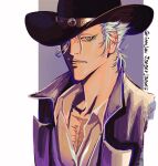 1boy absurdres be023 bleach blue_eyes blue_hair character_name collarbone collared_shirt cowboy_hat english_text grimmjow_jaegerjaquez hair_between_eyes hat highres looking_at_viewer male_focus one_eye_covered open_mouth outside_border scar scar_on_chest shirt 