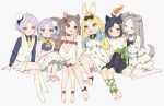  1boy 5girls :d ^_^ ^o^ alice_(moyori) animal_ears ankle_ribbon bare_shoulders barefoot blonde_hair blue_eyes blush bow bowtie braid brother_and_sister brown_hair carrot child closed_eyes crossed_legs dog_ears female_child grey_hair grin hat highres jewelry kneehighs leg_ribbon lily_(moyori) long_hair maare_(moyori) maaru_(moyori) male_child moyori multiple_girls necklace necktie open_mouth original purple_hair rabbit_ears red_eyes ribbon short_hair siblings simple_background sitting skirt smile socks squirrel_ears squirrel_girl squirrel_tail tail tiara vest white_background white_socks yellow_eyes 