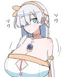  1girl akitokage anastasia_(fate) bangs bare_shoulders blue_eyes blush breasts cleavage dress fate/grand_order fate_(series) hair_over_one_eye hairband huge_breasts jewelry large_breasts long_hair looking_at_viewer neck_ring necklace pendant solo very_long_hair white_dress white_hair 