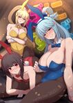  3girls all_fours alternate_costume animal_ears aqua_(konosuba) bangs black_pantyhose blonde_hair blue_eyes blue_hair blue_leotard bow bowtie breasts brown_hair chinese_zodiac cleavage crossed_arms darkness_(konosuba) detached_collar highres kono_subarashii_sekai_ni_shukufuku_wo! large_breasts leotard long_hair medium_breasts megumin multiple_girls pantyhose playboy_bunny ponponmaru ponytail rabbit_ears rabbit_tail red_bow red_bowtie red_eyes red_leotard short_hair short_hair_with_long_locks single_hair_ring sitting small_breasts strapless strapless_leotard tail very_long_hair wrist_cuffs year_of_the_rabbit yellow_bow yellow_bowtie yellow_leotard 