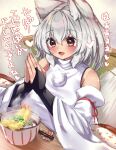  1girl afterimage animal_ears bangs bare_shoulders blush bowl breast_rest breasts breasts_on_table bridal_gauntlets commentary_request detached_sleeves drooling eyelashes food grey_hair hair_between_eyes hands_up happy highres huge_breasts indoors inubashiri_momiji kotatsu looking_at_object medium_hair motion_lines onomiya open_mouth own_hands_together pom_pom_(clothes) red_eyes shirt smile solo sparkle steam table tail tail_wagging touhou translation_request upper_body white_shirt wide_sleeves wolf_ears wolf_girl wolf_tail 
