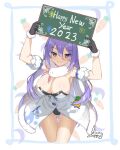  1girl arm_garter as4gi ass_visible_through_thighs bare_shoulders black_gloves breasts carrot chinese_zodiac cleavage cosplay crescent don-chan_(usada_pekora) dress fur-trimmed_gloves fur_trim gloves happy_new_year holding holding_sign hololive hololive_indonesia large_breasts leotard leotard_under_clothes long_hair moona_hoshinova purple_eyes purple_hair sign smile solo strapless strapless_dress thighs usada_pekora usada_pekora_(cosplay) virtual_youtuber white_dress year_of_the_rabbit 
