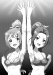  2girls armpits arms_up bangs bare_shoulders bow bra breasts cleavage clenched_hand collarbone gradient gradient_background greyscale hair_bow highres idolmaster idolmaster_cinderella_girls lights long_hair looking_at_viewer medium_breasts midriff monochrome multiple_girls open_mouth parted_bangs ponytail shiny shiny_hair signature smile sports_bra sweat underwear upper_body vzmk2 wakabayashi_tomoka 