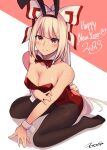 1girl 2023 \||/ absurdres animal_ears arm_under_breasts bare_shoulders blush bow bowtie breasts chinese_zodiac cleavage detached_collar equality_taira fake_animal_ears fake_tail from_above fujiwara_no_mokou happy_new_year highres large_breasts leotard long_hair looking_at_viewer pantyhose playboy_bunny rabbit_ears rabbit_tail red_eyes signature smile solo tail touhou very_long_hair wrist_cuffs year_of_the_rabbit 