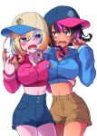  2girls alternate_hair_color andou_(girls_und_panzer) baseball_cap bc_freedom_(emblem) black_hair blonde_hair blue_eyes blue_shorts blush breasts brown_eyes brown_shorts casual dark-skinned_female dark_skin emblem girls_und_panzer hand_on_another&#039;s_hip hat hood hoodie large_breasts looking_at_another midriff multicolored_hair multiple_girls open_mouth oshida_(girls_und_panzer) salt-apple shiny shiny_hair shorts simple_background streaked_hair white_background yuri 