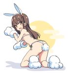  1girl :d all_fours animal_ears animal_hands bare_shoulders bikini blush breasts brown_eyes brown_hair carrot_hair_ornament chinese_zodiac egasumi fake_animal_ears food-themed_hair_ornament from_behind full_body full_moon gloves hair_ornament hairband hatsunatsu long_hair looking_at_viewer looking_back medium_breasts moon original paw_gloves paw_shoes rabbit_ears rabbit_tail shadow side-tie_bikini_bottom simple_background smile solo swimsuit tail white_background white_bikini white_footwear white_gloves white_hairband year_of_the_rabbit 