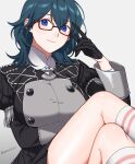  1girl bangs black_coat black_skirt blue_eyes blue_hair breasts byleth_(fire_emblem) byleth_(fire_emblem)_(female) cape closed_mouth coat crossed_legs fire_emblem fire_emblem:_three_houses garreg_mach_monastery_uniform glasses high-waist_skirt highres long_sleeves looking_at_viewer medium_hair official_alternate_costume peach11_01 simple_background sitting skirt smile solo uniform 