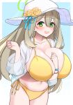  1girl akitokage arm_between_breasts between_breasts bikini blue_archive blue_ribbon blush bracelet breasts cleavage flower green_eyes halo hat hat_flower hat_ribbon highres huge_breasts jacket jewelry light_brown_hair long_hair looking_at_viewer nonomi_(blue_archive) nonomi_(swimsuit)_(blue_archive) official_alternate_costume ribbon see-through see-through_jacket side-tie_bikini_bottom smile solo sun_hat swimsuit white_headwear yellow_bikini 