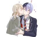  ! 1boy 1girl aoyagi_touya azusawa_kohane bangs blue_hair closed_eyes closed_mouth collared_shirt dark_blue_hair grey_eyes hair_between_eyes hand_on_another&#039;s_chest jacket kamiyama_high_school_uniform_(project_sekai) kiss kissing_cheek light_blush long_sleeves low_twintails miyamasuzaka_girls&#039;_academy_school_uniform mole mole_under_eye mona0101 multicolored_hair neck_ribbon necktie open_clothes open_jacket project_sekai red_ribbon ribbon school_uniform shirt short_twintails twintails upper_body 