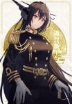  1girl alternate_costume black_hair black_pants brown_eyes closed_mouth commentary_request egasumi epaulettes gloves hair_between_eyes happy_new_year headgear highres kantai_collection kasumi_(skchkko) light_smile long_hair long_sleeves military military_uniform nagato_(kancolle) naval_uniform pants solo uniform white_gloves 