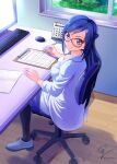  1girl absurdres aged_up blue_eyes blue_hair breasts calendar_(object) chair clipboard coat commentary_request computer dated day desk doctor dokidoki!_precure glasses highres hishikawa_rikka holding holding_pen indoors keyboard_(computer) labcoat long_hair looking_at_viewer medium_breasts monitor mouse_(computer) office office_chair on_chair pantyhose paper pen precure signature sitting skirt smile tirofinire tree twitter_username white_coat window wooden_floor writing 