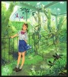  1girl :d ankle_socks bird bow bowtie brown_eyes brown_hair bug butterfly collared_shirt flower foliage hand_on_railing loafers looking_at_viewer low_twintails making-of_available molyuu moss nature original overgrown parrot pleated_skirt railing roots scenery school_uniform shirt shoes short_sleeves short_twintails skirt smile socks solo stairs tree twintails 