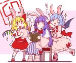  +_+ ... 3girls :d alternate_headwear animal_ears bangs blue_hair blunt_bangs blush_stickers chinese_zodiac eichi_yuu fake_animal_ears fang flandre_scarlet full_body hat hat_removed headwear_removed mob_cap multiple_girls outline patchouli_knowledge pointy_ears rabbit_ears remilia_scarlet sitting smile sparkle spoken_ellipsis standing standing_on_one_leg touhou unamused white_outline wings year_of_the_rabbit 
