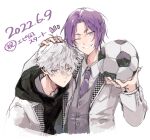  2boys ball black_hoodie blue_lock collared_shirt commentary_request cropped_torso dated grey_eyes grey_hair hair_between_eyes hand_on_another&#039;s_head highres holding holding_ball hood hood_down hoodie houndstooth jacket long_sleeves looking_at_viewer male_focus mikage_reo multiple_boys nagi_seishirou necktie one_eye_closed purple_eyes purple_hair purple_necktie shirt short_hair simple_background smile soccer_ball translation_request upper_body vest white_background white_jacket white_shirt yng_z 