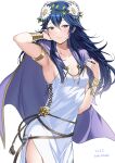  1girl ameno_(a_meno0) armpits blue_eyes blue_hair breasts cape cleavage fire_emblem fire_emblem_awakening fire_emblem_heroes flower hair_flower hair_ornament head_wreath long_hair lucina_(fire_emblem) official_alternate_costume sideboob small_breasts solo sweat symbol-shaped_pupils 