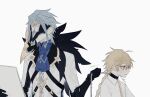  2boys aether_(genshin_impact) ahoge arm_armor ascot bangs black_choker black_collar black_gloves blonde_hair blue_ascot blue_hair blue_shirt blush braid chain choker closed_mouth coat collar collarbone collared_shirt crystal dottore_(genshin_impact) earrings eye_mask fur-trimmed_hood fur_trim genshin_impact gloves gold grey_coat grey_shirt hair_between_eyes hands_up holding holding_chain holding_paper hood hooded_coat jewelry long_hair looking_to_the_side male_focus mandarin_collar mask multiple_boys necktie open_mouth paper penguinjelly061 shirt short_hair short_sleeves sidelocks simple_background single_earring smile standing sweat sweatdrop vision_(genshin_impact) white_background wing_collar yellow_necktie 