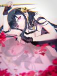 1girl absurdres black_choker black_dress black_hair breasts choker cleavage different_reflection dress flower hair_flower hair_ornament highres holding looking_at_viewer lying mile_(off8mile) on_side red_eyes reflection solo spy_x_family yor_briar 