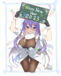  1girl arm_garter as4gi bare_shoulders black_gloves bodystocking breasts carrot chinese_zodiac cosplay crescent don-chan_(usada_pekora) dress fur-trimmed_gloves fur_trim gloves happy_new_year holding holding_sign hololive hololive_indonesia large_breasts leotard leotard_under_clothes long_hair moona_hoshinova pantyhose purple_eyes purple_hair sign smile solo strapless strapless_dress usada_pekora usada_pekora_(cosplay) virtual_youtuber white_dress year_of_the_rabbit 