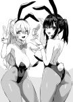  2girls animal_ears arms_up asanagi ass bare_shoulders black_hair black_leotard blonde_hair bow bowtie breasts bunny_pose fake_animal_ears greyscale highres large_breasts leotard long_hair looking_at_viewer looking_back monochrome multiple_girls one_eye_closed open_mouth original pantyhose playboy_bunny pony rabbit_ears rabbit_tail simple_background sketch smile strapless strapless_leotard tail white_background wrist_cuffs 