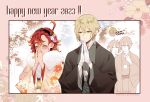  1boy 1girl 2023 ahoge black_hairband blonde_hair blush closed_eyes dual_persona earrings elan_ceres floral_print flower fur-trimmed_kimono fur_trim grey_kimono gundam gundam_suisei_no_majo hair_between_eyes hair_flower hair_ornament hairband happy_new_year highres hinamori_(m_nmy01) japanese_clothes jewelry kimono long_sleeves own_hands_together pink_background pink_kimono praying print_kimono rabbit_hair_ornament red_hair short_hair single_sidelock suletta_mercury tassel tassel_earrings thick_eyebrows upper_body wide_sleeves yellow_eyes 