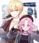  1boy 1girl :o bangs black_choker blazer blonde_hair blurry blurry_background choker closed_mouth commentary_request crossed_arms eyewear_on_head glasses gradient_hair hat highres jacket jewelry long_sleeves looking_at_viewer momomo_(m0_3) multicolored_hair necklace ootori_emu open_mouth orange_hair parted_bangs pink_eyes pink_hair pleated_blazer project_sekai round_eyewear short_hair sweater teeth tenma_tsukasa turtleneck turtleneck_sweater upper_body upper_teeth_only wavy_hair yellow_sweater 