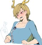  !? 1girl antlers blonde_hair blue_shirt blush dragon_girl horrified kicchou_yachie otter_spirit_(touhou) red_eyes sharp_teeth shirt short_hair simple_background slit_pupils solo spacezin spirit teeth touhou turtle_shell white_background 