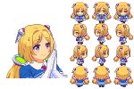  1girl aki_rosenthal alpha_transparency ascot blonde_hair blue_eyes detached_hair elbow_gloves gloves hololive own_hands_together pixel_art pleated_skirt red_ascot skirt smile sprite_art sprite_sheet tengu_nouzu thighhighs virtual_youtuber white_gloves 