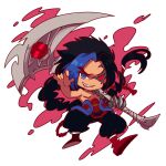  1boy aduan baggy_pants bangs black_hair blue_eyes boots braid chibi claws colored_sclera fangs grin heterochromia holding holding_scythe kayn_(league_of_legends) league_of_legends long_hair looking_at_viewer messy_hair multicolored_hair no_nipples over_shoulder pants parted_bangs pink_background red_eyes red_footwear rhaast scar scar_on_face scythe smile spiked_hair topless_male two-tone_hair v-shaped_eyebrows weapon weapon_over_shoulder 