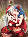  2girls alternate_costume bangs blush breasts byleth_(fire_emblem) byleth_(fire_emblem)_(female) cape christmas closed_eyes dress edelgard_von_hresvelg fire_emblem fire_emblem:_three_houses flower gloves hair_ornament hair_ribbon hat kiss leggings long_hair mina_cream mistletoe multiple_girls pantyhose red_cape ribbon santa_hat shorts white_hair yuri 