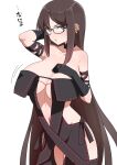  1girl akitokage arm_strap bare_shoulders black_dress black_gloves black_jacket blush breasts brown_hair center_opening choker cleavage collarbone dress earrings elbow_gloves fate/grand_order fate_(series) glasses gloves grey_eyes highres jacket jewelry long_hair multiple_earrings navel ribbon-trimmed_dress solo translation_request very_long_hair yu_mei-ren_(fate) 