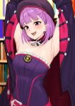  1girl absurdres armpits arms_up bangs bare_shoulders beret black_dress breasts commission cowboy_shot detached_collar dress fate/grand_order fate_(series) flat_chest hat helena_blavatsky_(fate) highres jacket kirinkirin looking_at_viewer non-web_source purple_eyes purple_hair short_hair small_breasts smile solo source_request strapless 