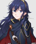 1girl armor bangs blue_cape blue_eyes blue_hair cape closed_mouth commentary fire_emblem fire_emblem_awakening grey_background hair_between_eyes highres long_hair long_sleeves looking_at_viewer lucina_(fire_emblem) peach11_01 red_cape shoulder_armor simple_background smile solo tiara twitter_username two-tone_cape watermark 