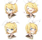 1girl @_@ ^^^ ^_^ angry bangs blonde_hair blue_eyes blush bow closed_eyes embarrassed eob expression_chart frown hair_bow hair_ornament hairclip happy headphones headset highres kagamine_rin looking_to_the_side nervous open_mouth sad sailor_collar short_hair smile surprised swept_bangs tearing_up tears v-shaped_eyebrows vocaloid wavy_mouth 