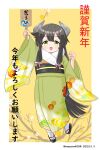  1girl :3 black_hair commentary_request fur-trimmed_kimono fur_trim furisode geta green_eyes green_kimono hagoita hair_ribbon headgear i-47_(kancolle) japanese_clothes kantai_collection kimono long_hair low-tied_long_hair masara_(chuujou) new_year official_alternate_costume one-hour_drawing_challenge paddle ribbon sandals sidelocks socks solo tabi translation_request tress_ribbon white_socks 