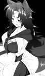  1girl animal_ears between_legs bra breasts cleavage commentary dress frilled_bra frills hand_between_legs highres imaizumi_kagerou large_breasts long_hair looking_at_viewer mizuga monochrome sitting sweat symbol-only_commentary torn_clothes torn_dress touhou underwear wolf_ears wolf_girl 