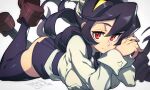  1girl artist_name ass black_hair black_necktie black_thighhighs breasts brown_footwear commentary expressionless extra_mouth feet_up filia_(skullgirls) futakuchi-onna hands_on_own_face hata4564 head_rest highres impossible_clothes large_breasts loafers long_hair looking_at_viewer lying microskirt necktie on_floor on_stomach prehensile_hair red_eyes samson_(skullgirls) sanpaku school_uniform shoes skirt skullgirls sleeve_cuffs solo thighhighs 