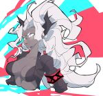  1girl abstract_background black_horns black_jacket breasts cleavage cropped_torso helltaker highres horns jacket judgement_(helltaker) leather_bikini long_hair looking_at_viewer oioidaddy parted_lips solo upper_body white_eyes white_hair 