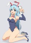  1girl alternate_costume animal_ears aqua_(konosuba) armpits arms_up bare_legs barefoot blue_eyes blue_footwear blue_hair blue_leotard blush breasts cleavage commentary_request covered_navel detached_collar detached_sleeves fake_animal_ears hair_between_eyes high_heels kono_subarashii_sekai_ni_shukufuku_wo! legs leotard light_blue_hair long_hair looking_at_viewer medium_breasts neck_ribbon open_mouth pink_ribbon playboy_bunny rabbit_ears revision ribbon salpin shoes shoes_removed simple_background single_shoe smile solo straight_hair toe_cleavage white_background wrist_cuffs 