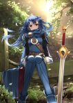  1girl armor artist_name bangs belt blue_eyes blue_footwear blue_hair boots cape dated falchion_(fire_emblem) fire_emblem fire_emblem_awakening kero_sweet long_hair long_sleeves looking_at_viewer lucina_(fire_emblem) outdoors planted planted_sword shoulder_armor sitting solo sword thigh_boots tiara tree weapon 
