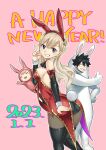  animal_ears ass ass_focus black_eyes black_hair blonde_hair blue_eyes breasts colored_skin detached_sleeves eden&#039;s_zero happy_new_year highres large_breasts mashima_hiro pino_(eden&#039;s_zero) playboy_bunny rabbit_ears rabbit_tail rebecca_bluegarden shiki_granbell smile tail thick_thighs thighhighs thighs thumbs_up v white_skin wide_hips 