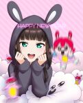  5girls animal_costume animal_hood bangs birthday black_hair chibi chinese_zodiac clone cloud commentary happy_new_year hime_cut hirako hood kurosawa_dia kurosawa_ruby long_hair looking_at_viewer love_live! love_live!_sunshine!! motion_blur multiple_girls pink_background rabbit_costume rabbit_hood red_hair siblings sidelocks sisters smile striped striped_background twitter_username upper_body year_of_the_rabbit 