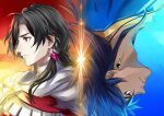  2boys armor black_hair blue_hair blue_robe cloak closed_mouth commentary constantine_xi_(fate) dark-skinned_male dark_skin day earrings fate/grand_order fate_(series) from_side grey_eyes hair_between_eyes heki0529 jewelry long_hair looking_ahead looking_up male_focus multiple_boys profile red_eyes robe romulus_quirinus_(fate) spiked_hair split_screen sunset symmetry upper_body upside-down white_armor white_cloak 