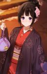  1girl alternate_costume bangs black_hair brown_hair chitanda_eru flower hair_flower hair_ornament hand_up highres holding hyouka japanese_clothes kimono long_sleeves mery_(yangmalgage) obi pink_flower red_kimono sash shiny shiny_hair short_hair smile 