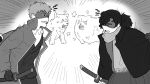  2boys angry bangs cape clenched_teeth clothes_grab coat collared_shirt cowboy_shot dog donkey_fgo eye_contact fate/grand_order fate_(series) gloves greyscale hair_over_one_eye hakama holding holding_sword holding_weapon jacket japanese_clothes katana long_hair looking_at_another male_focus monochrome multiple_boys okada_izou_(fate) out_of_frame pants pomeranian_(dog) ponytail projected_inset saitou_hajime_(fate) scarf shaded_face sheath sheathed shirt short_hair sword teeth weapon 