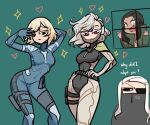  3girls black_hair blue_bodysuit bodysuit centurii-chan_(artist) commentary cyborg english_commentary eyepatch genderswap genderswap_(mtf) green_background hand_on_hip highres holster long_hair looking_at_viewer metal_gear_(series) metal_gear_solid_2:_sons_of_liberty metal_gear_solid_4:_guns_of_the_patriots multiple_girls open_mouth raiden_(metal_gear) red_eyes short_hair simple_background smile solidus_snake thigh_holster vamp_(metal_gear) white_hair 