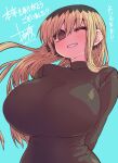  1girl @_@ aqua_background arms_behind_back black_shirt blonde_hair breasts brown_eyes commentary_request dated december highres huge_breasts kinjo_no_hito_no_nakimushi large_breasts looking_at_viewer multicolored_hair ochiai_(kinjo_no_hito_no_nakimushi) one_eye_closed shirt smile thank_you translation_request two-tone_hair upper_body zyugoya 