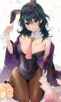 1girl absurdres alternate_costume animal_ears ascot bangs bare_shoulders blue_eyes blue_hair breasts byleth_(fire_emblem) byleth_(fire_emblem)_(female) chinese_zodiac cloak commentary_request confetti covered_navel detached_collar egasumi fire_emblem fire_emblem:_three_houses hair_between_eyes happy_new_year haru_(nakajou-28) highres large_breasts new_year pantyhose partial_commentary patterned_background playboy_bunny purple_cloak rabbit rabbit_ears red_ascot see-through see-through_legwear skindentation solo sun thighs white_background wrist_cuffs year_of_the_rabbit 