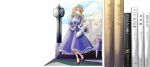  1girl :o blonde_hair blush book breasts clock dress hat highres long_hair looking_to_the_side maribel_hearn medium_breasts minus_(sr_mineka) mob_cap open_mouth purple_dress standing standing_on_one_leg touhou translation_request 